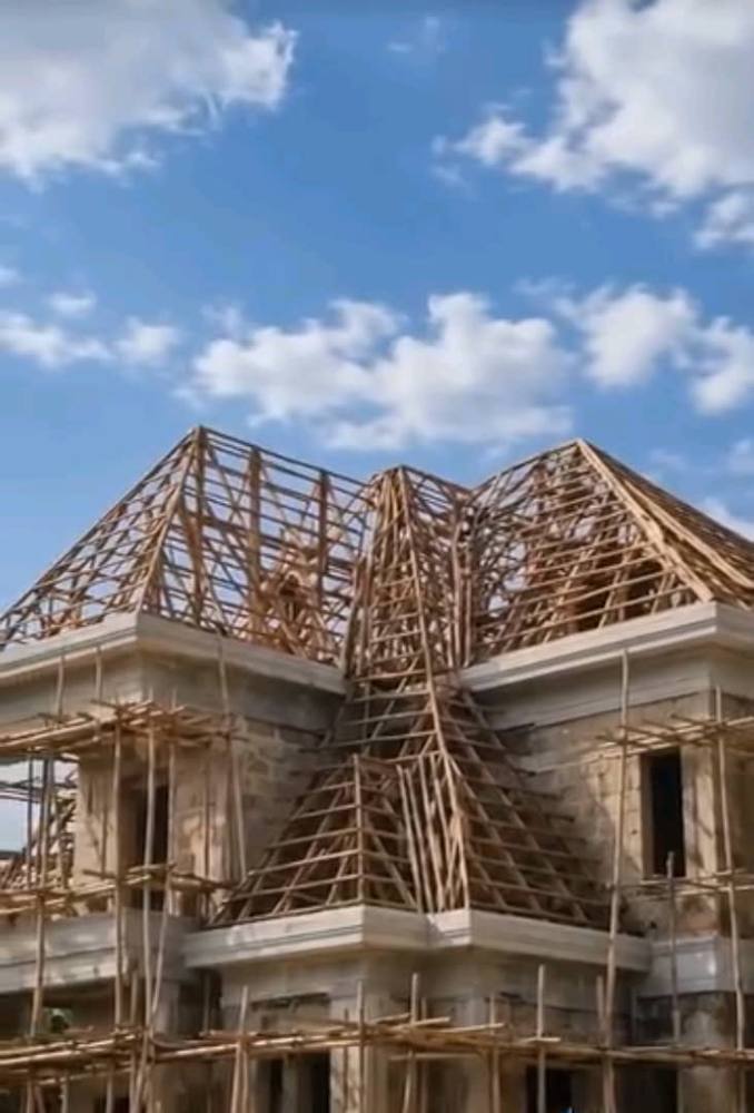 Timber roof trusses on a building under construction