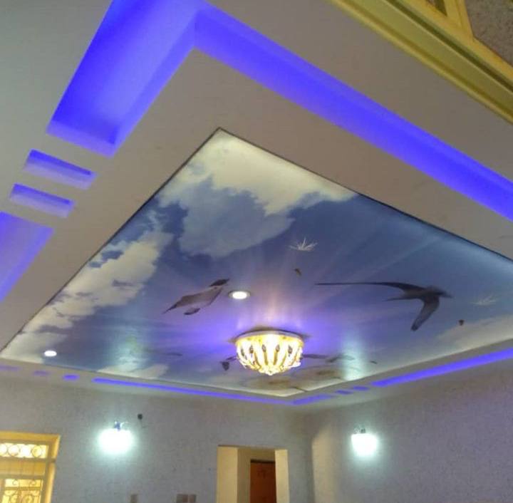 Stretch ceiling printed with a sky and birds, with LED lighting